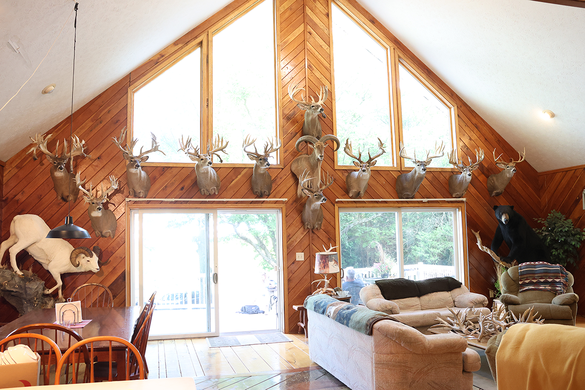PVA-patio-door Paradise Valley Adventure's living room with Whitetail Deer mounts